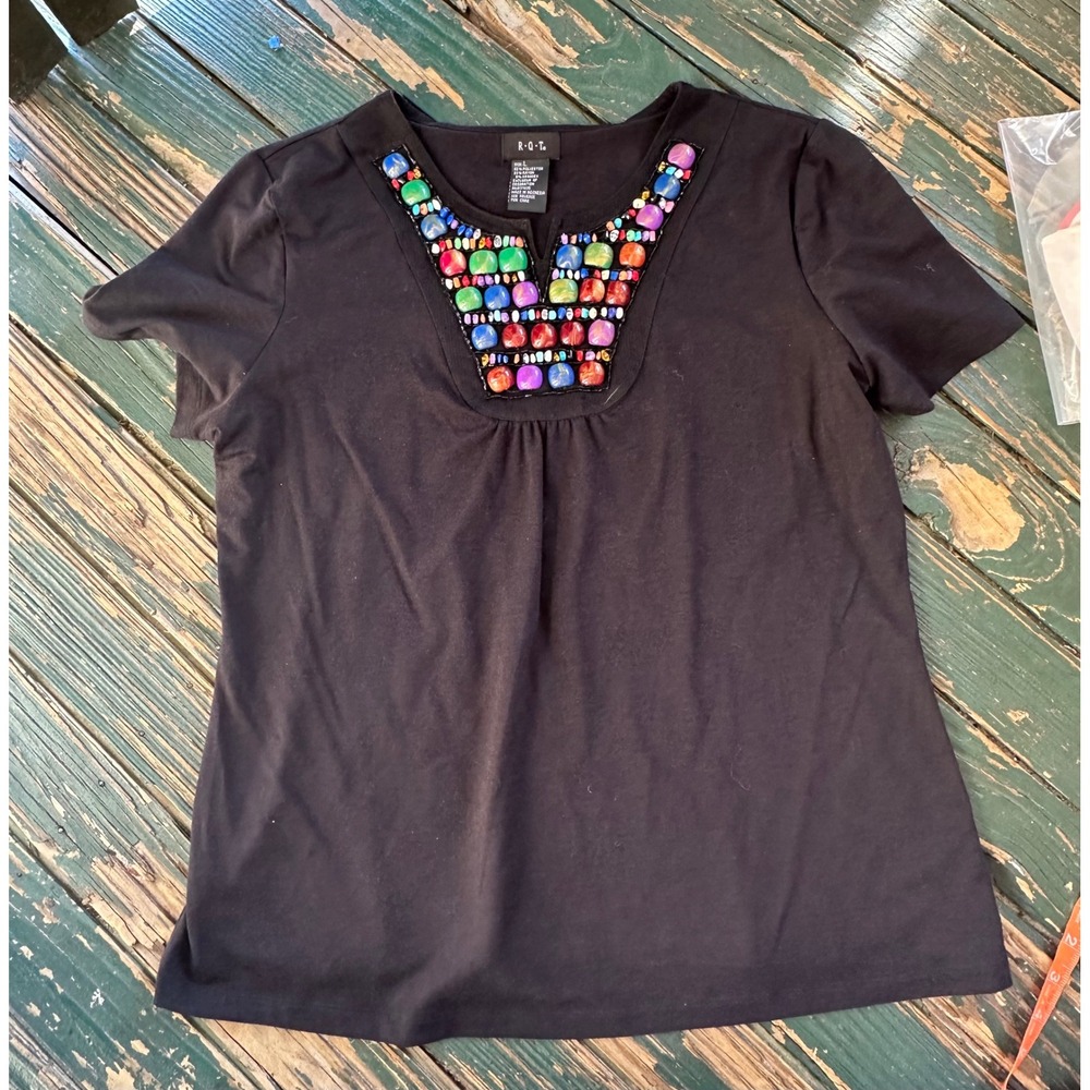 Y2K
R.Q.T. Black Beaded Bib Neck Top Short Sleeve Multi Color Stones Large